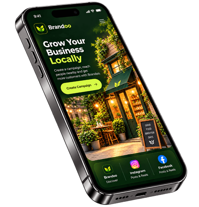 Brandoo on a phone: grow your business locally, shared on Brandoo Discover, Instagram and Facebook