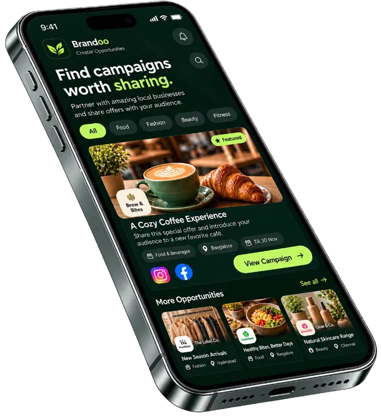 Brandoo creator opportunities on a phone: campaigns from local businesses to share on Instagram and Facebook