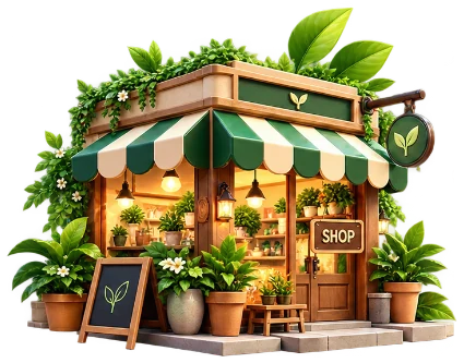 A leafy local shop with a striped awning