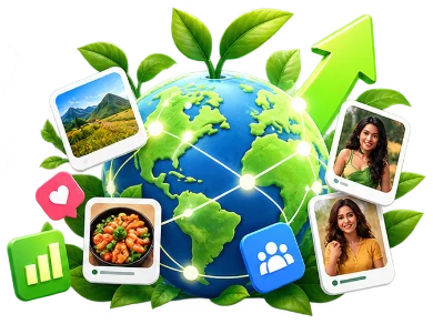 A green globe connected to photos and people